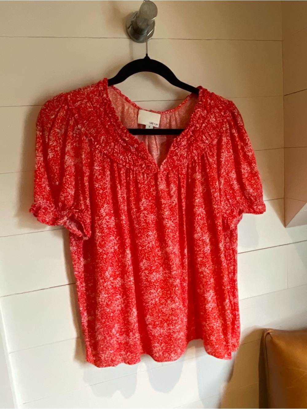 Greylin Coral Floral Smocked Yoke Puff Sleeve Blouse